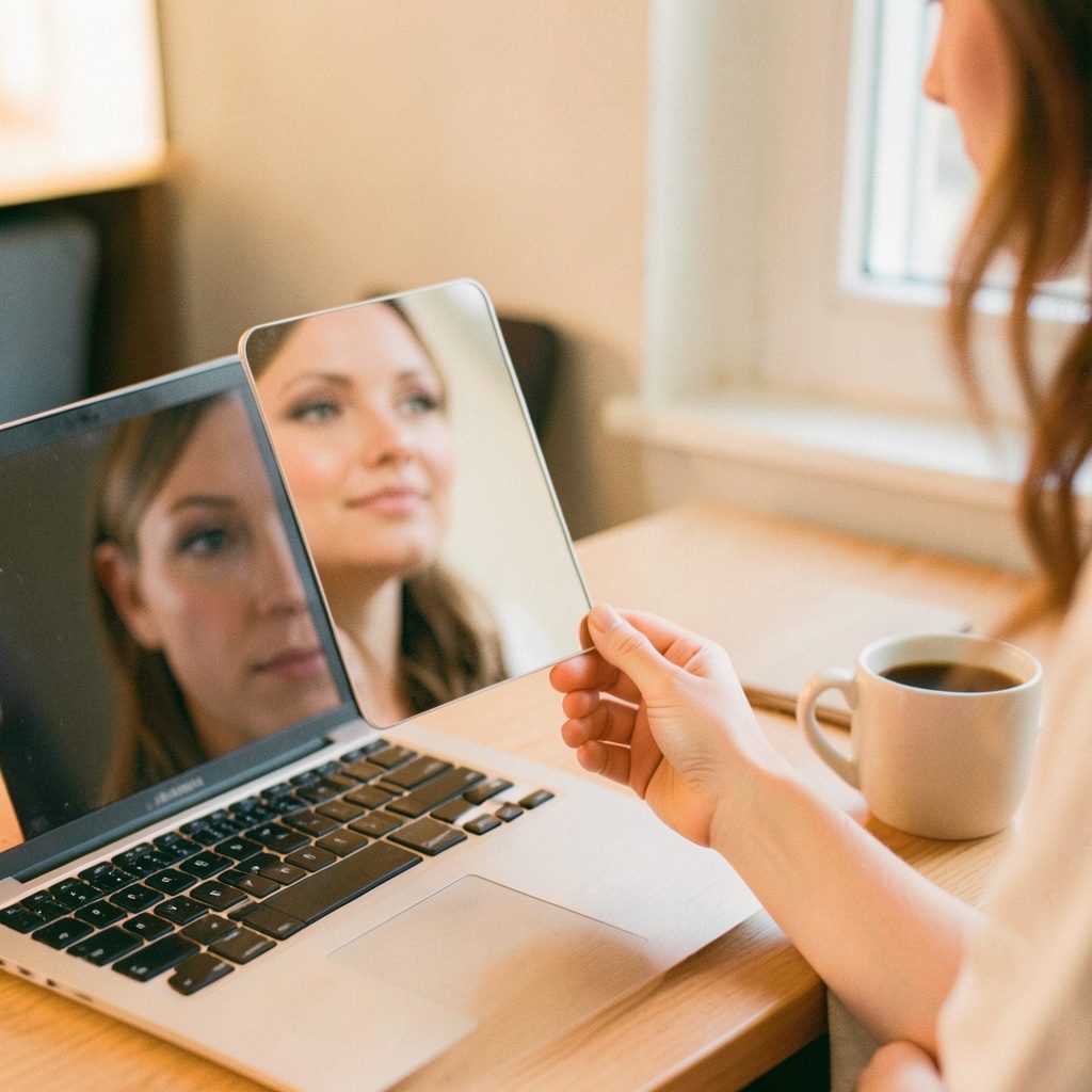 A woman's hand holding a compact mirror near a desk with a laptop and a coffee cup, soft neutral makeup visible in the reflection, calm office light.