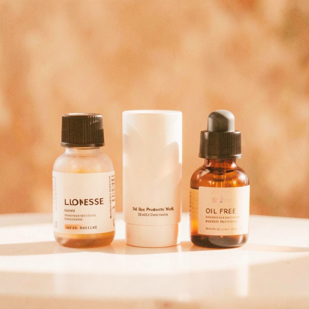 Close view of a light golden facial oil in a small glass dish beside fresh green leaves, warm natural light and a soft editorial feel