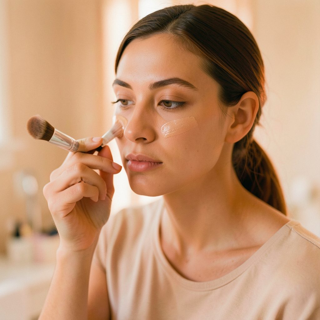 A close-up of a makeup brush resting on a soft beige vanity surface, with natural daylight falling across a compact and a blending sponge, warm and serene.